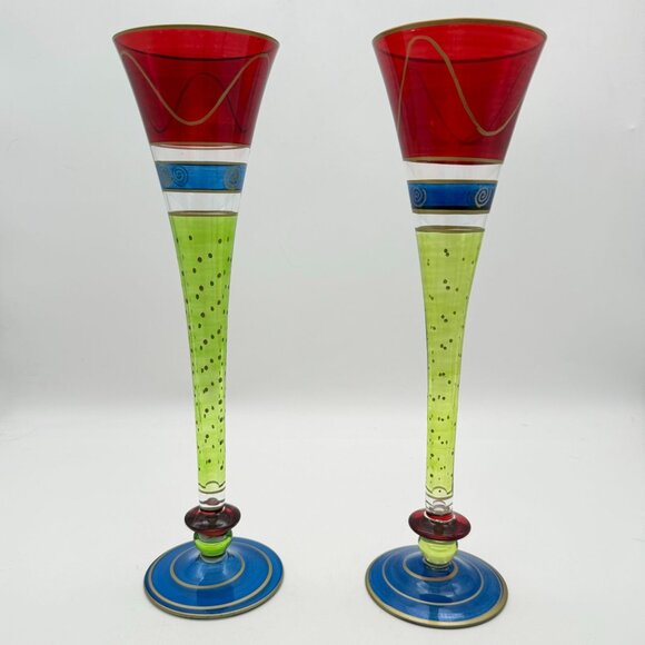 Pier 1 Other - Vtg Pier 1 Handpainted Fluted Champagne Glasses (2) Vibrant Design Discontinued